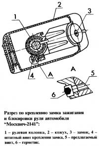 Разрез по креплению замка зажигания и блокировки руля