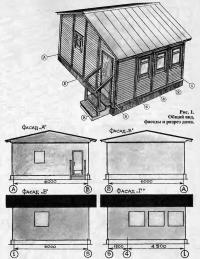 Рис. 1. Общий вид, фасады и разрез дома