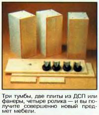 Три тумбы, две плиты из ДСП или фанеры, четыре ролика
